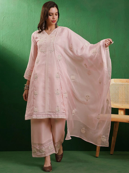Dhiyona SN Women's Peach & White Floral Embroidered Organza Straight Kurta With Trouser & Dupatta