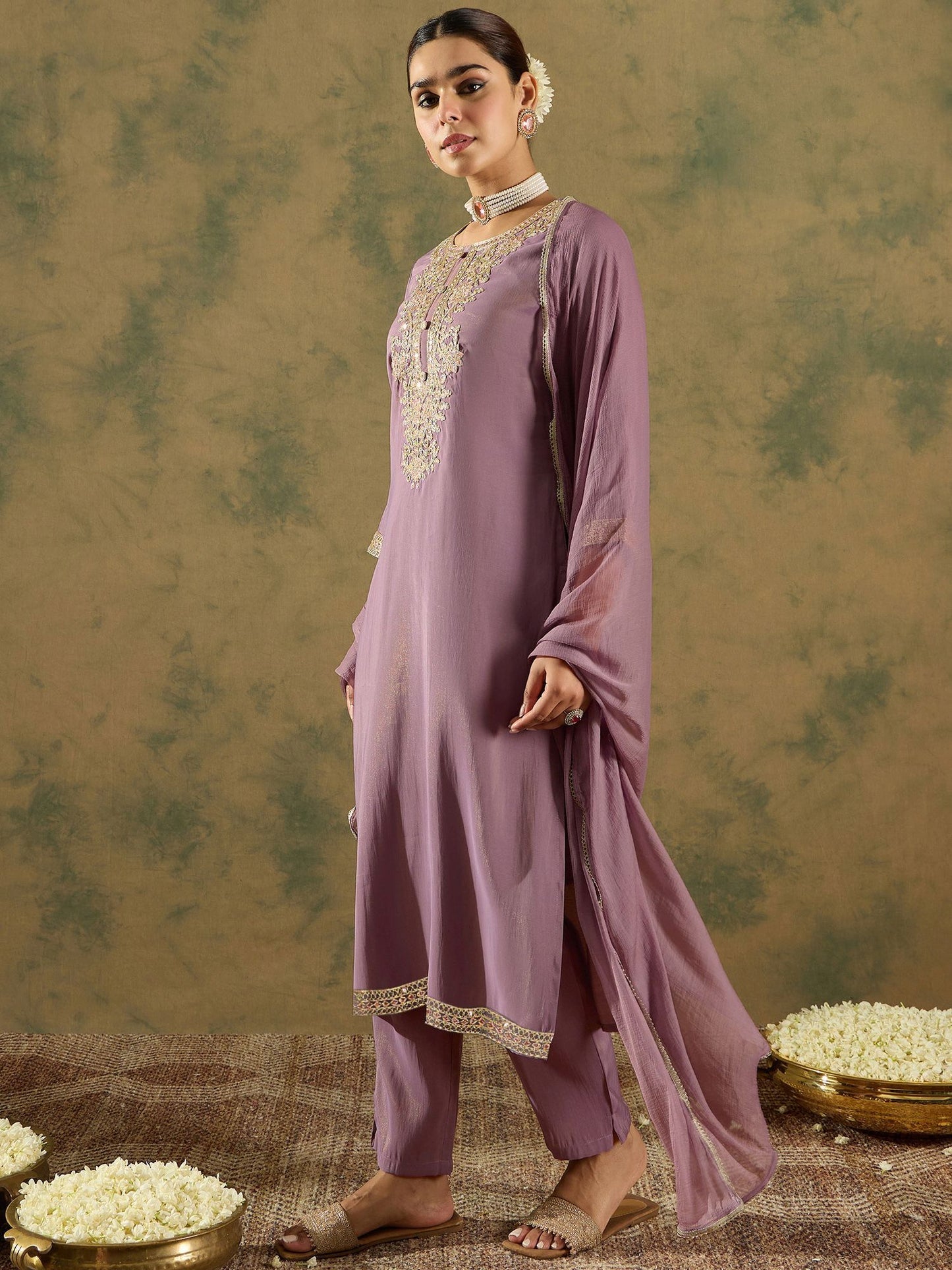 Floral Embroidered Embellished Straight Kurta with Trouser And Dupatta
