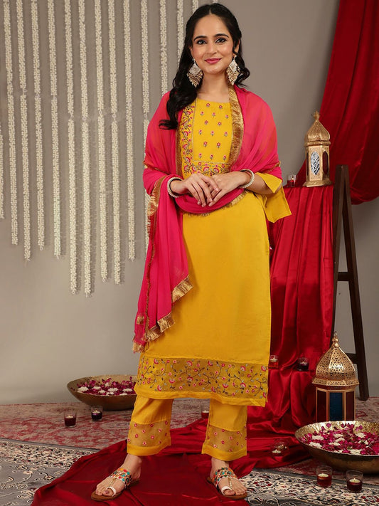 Dhiyona VA Women'sFloral Embroidered Yoke Design Kurta with Trousers & With Dupatta