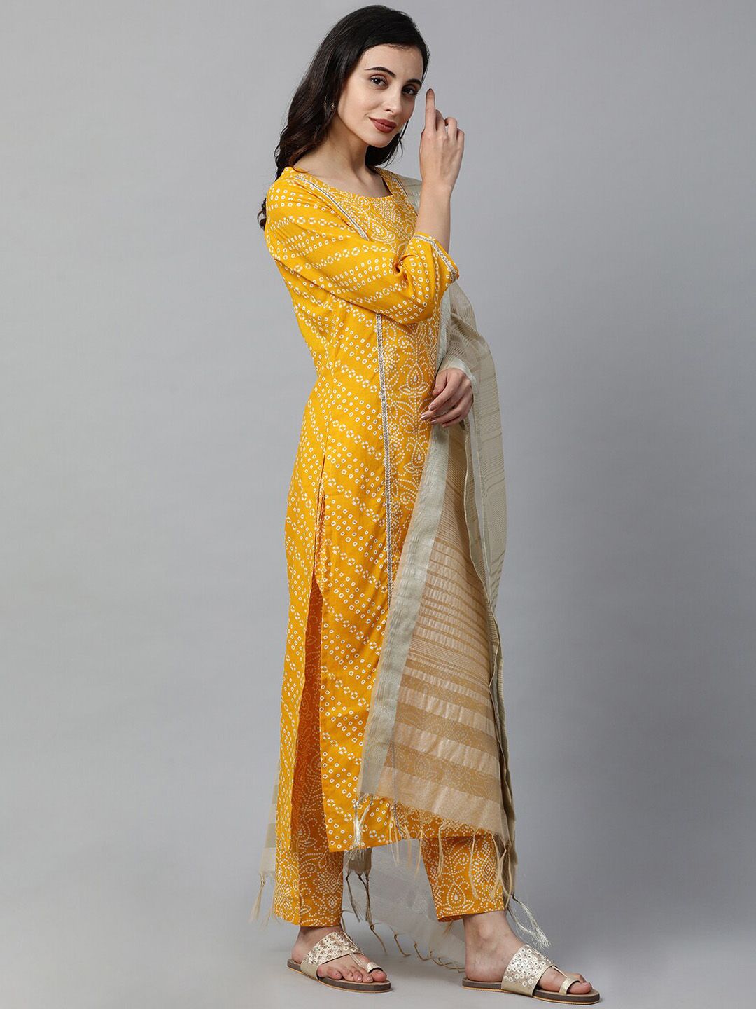 Women Yellow & White Printed Kurta with Trousers & Dupatta
