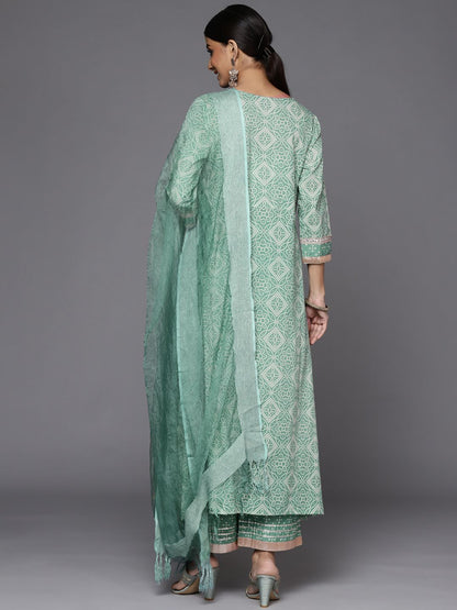 Dhiyona VA Women's Teal Bandhani Printed High Slit Gotta Patti Pure Cotton Kurta with Palazzos & With Dupatta