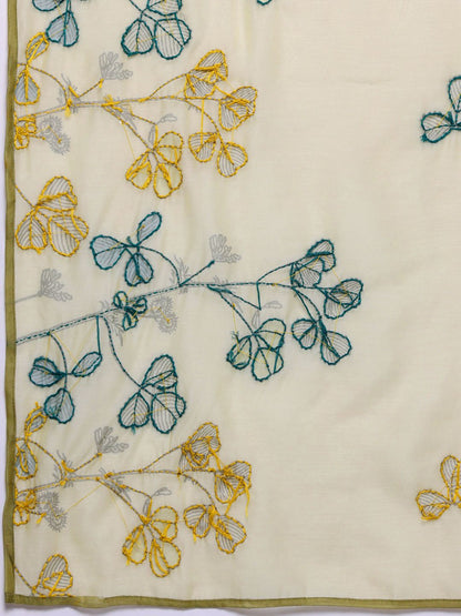 Dhiyona VA Women's Floral Embroidered Thread Work Chanderi Cotton Kurta with Trousers & Dupatta