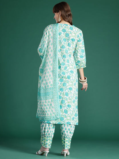 Women Floral Printed Mirror Work Pure Cotton Kurta with Trousers & Dupatta