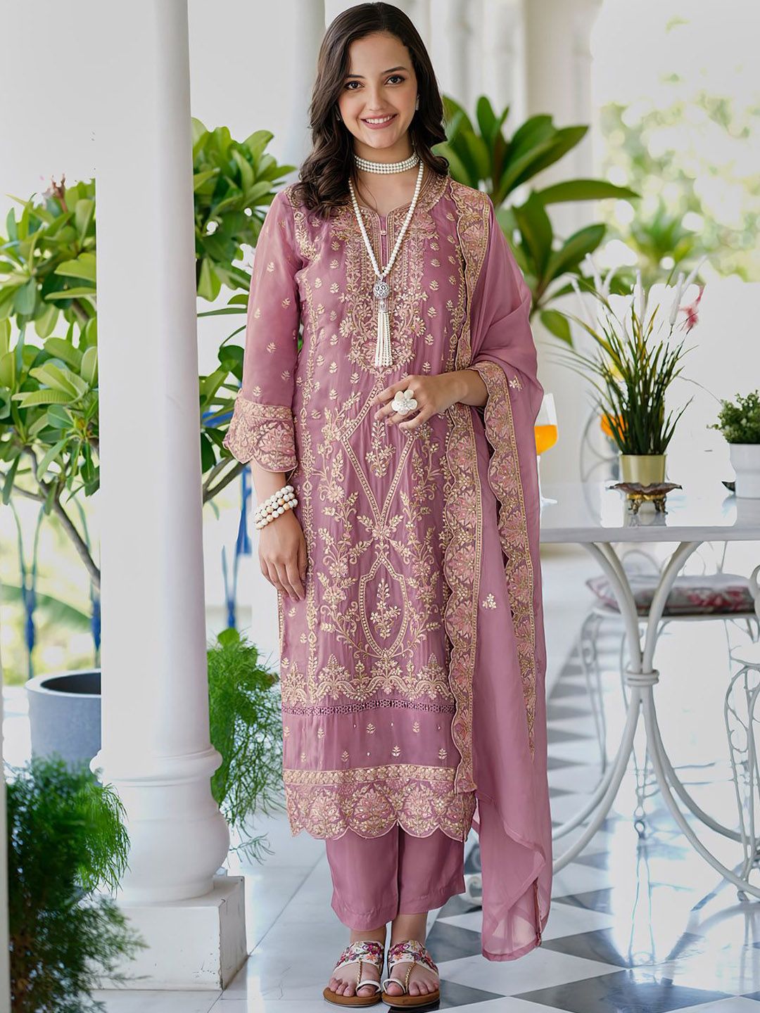 Ethnic Motifs Embroidered V Neck Straight Kurta With Trousers & Dupatta