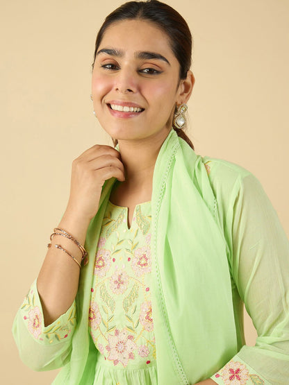 Dhiyona IE Women Embroidered Pure Cotton A-Line Kurta with Trousers & With Dupatta