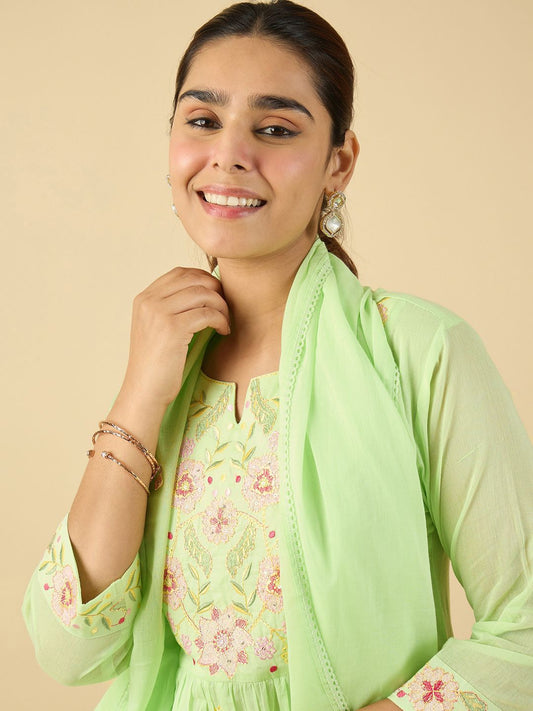 Dhiyona IE Women Embroidered Pure Cotton A-Line Kurta with Trousers & With Dupatta
