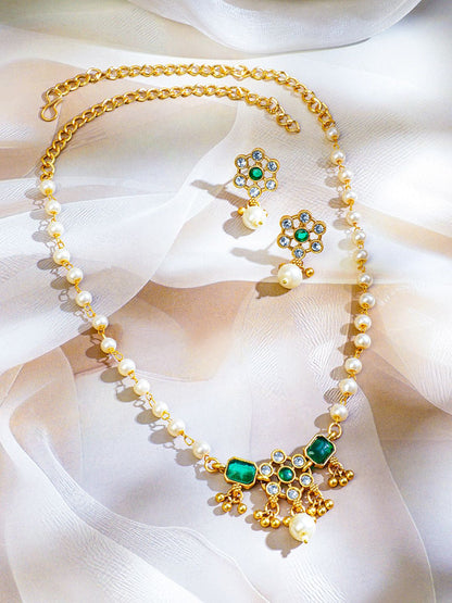 Dhiyona RJ Women's 22K Gold-Plated White Pearl Beaded Necklace Set with Emerald & CZ Studded Pendant