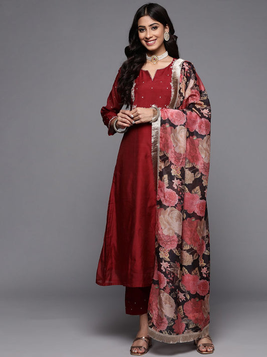 Dhiyona VA Women's Maroon Ethnic Motifs Embroidered Kurta with Trousers & With Dupatta