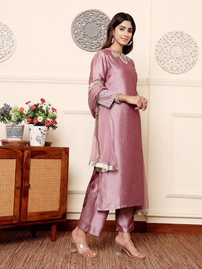 Dhiyona VA Women'sLavender Sequinned Straight Kurta with Trousers & Dupatta
