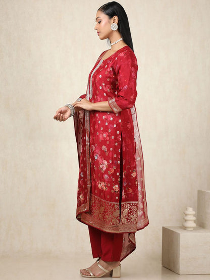 Dhiyona SO Women's Floral Woven Design Zari Work Brocade Kurta With Trousers & Dupatta
