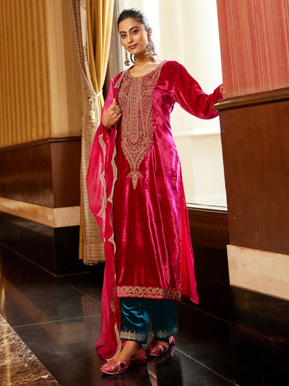 Women Ethnic Motifs Embroidered Regular Sequinned Velvet Kurta with Trousers & With Dupatta