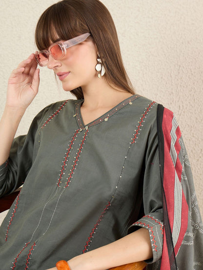 Women Solid Embroidered Cotton Kurta with Trousers & Dupatta