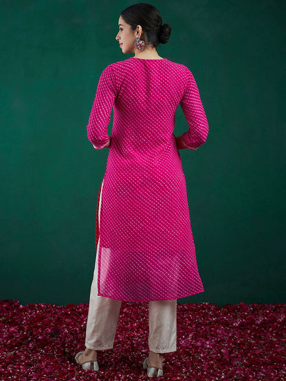 Dhiyona IE Ethnic Motifs Printed Sweetheart Neck Georgette Sequins Straight Kurtas