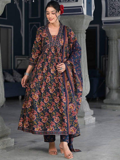 Dhiyona VA Women'sFloral Printed & Sequinned Pure Cotton Anarkali Kurta With Trouser & Dupatta
