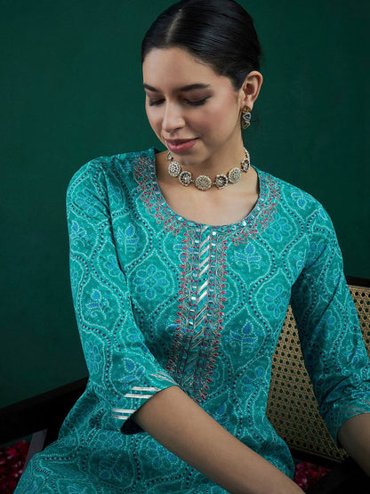 Dhiyona IE Ethnic Motifs Printed Thread Work Cotton Straight Kurta