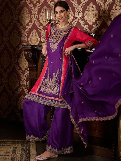 Dhiyona CH Ethnic Motifs Embroidered Thread Work Kurta With Palazzos & Dupatta