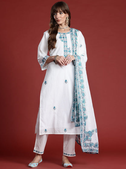 Dhiyona IE Floral Embroidered Thread Work Pure Cotton Kurta with Trousers & With Dupatta