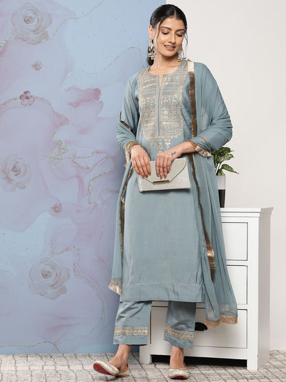 Dhiyona VA Women's Grey Ethnic Motifs Gotta Patti Kurta with Trousers & With Dupatta