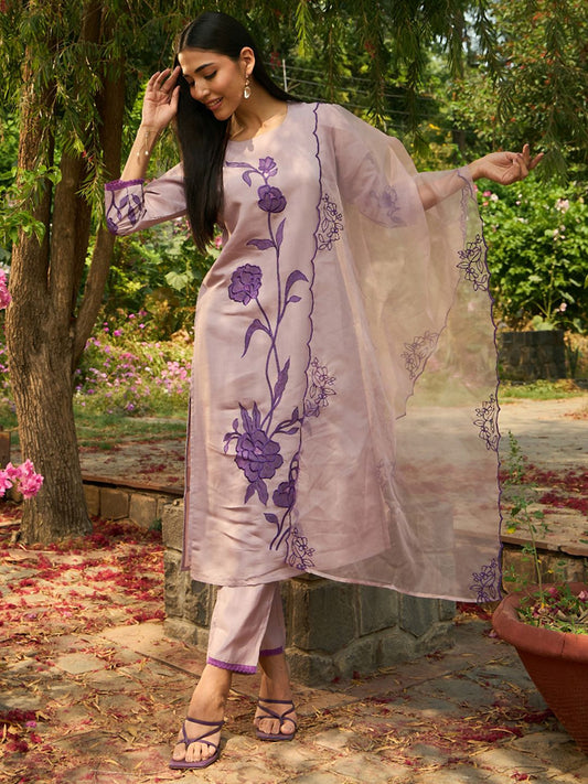 Dhiyona IE Round Neck Floral Embroidered Kurta with Trouser & Dupatta