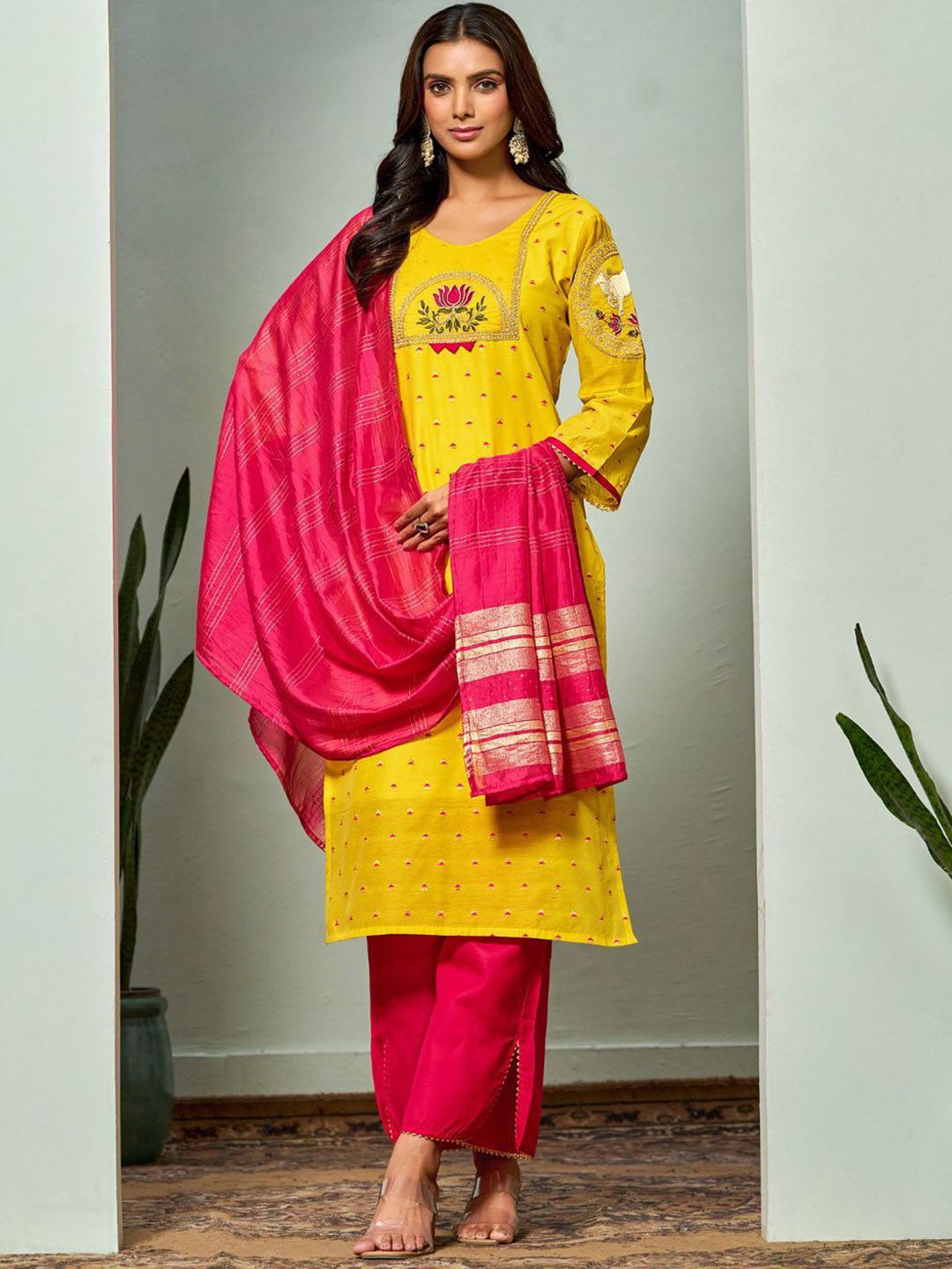 Dhiyona SN Women's Floral Embroidered Chanderi Cotton Straight Kurta With Trousers And Dupatta
