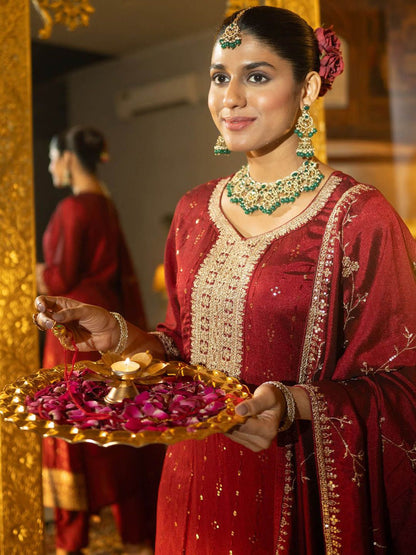 Women Floral Embroidered Sequinned Straight Kurta With Trousers & Dupatta