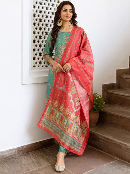 Women Floral Printed Regular Beads and Stones Kurta with Trousers & With Dupatta