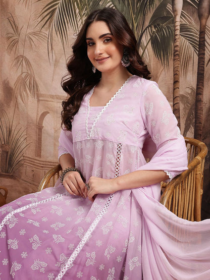 Dhiyona SN Women's Floral Printed Semi Sheer Panelled Kurta with Sharara & Dupatta