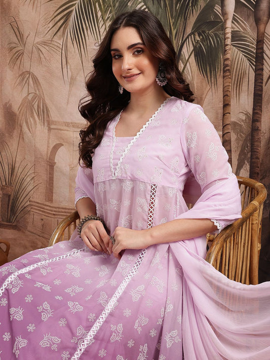 Dhiyona SN Women's Floral Printed Semi Sheer Panelled Kurta with Sharara & Dupatta