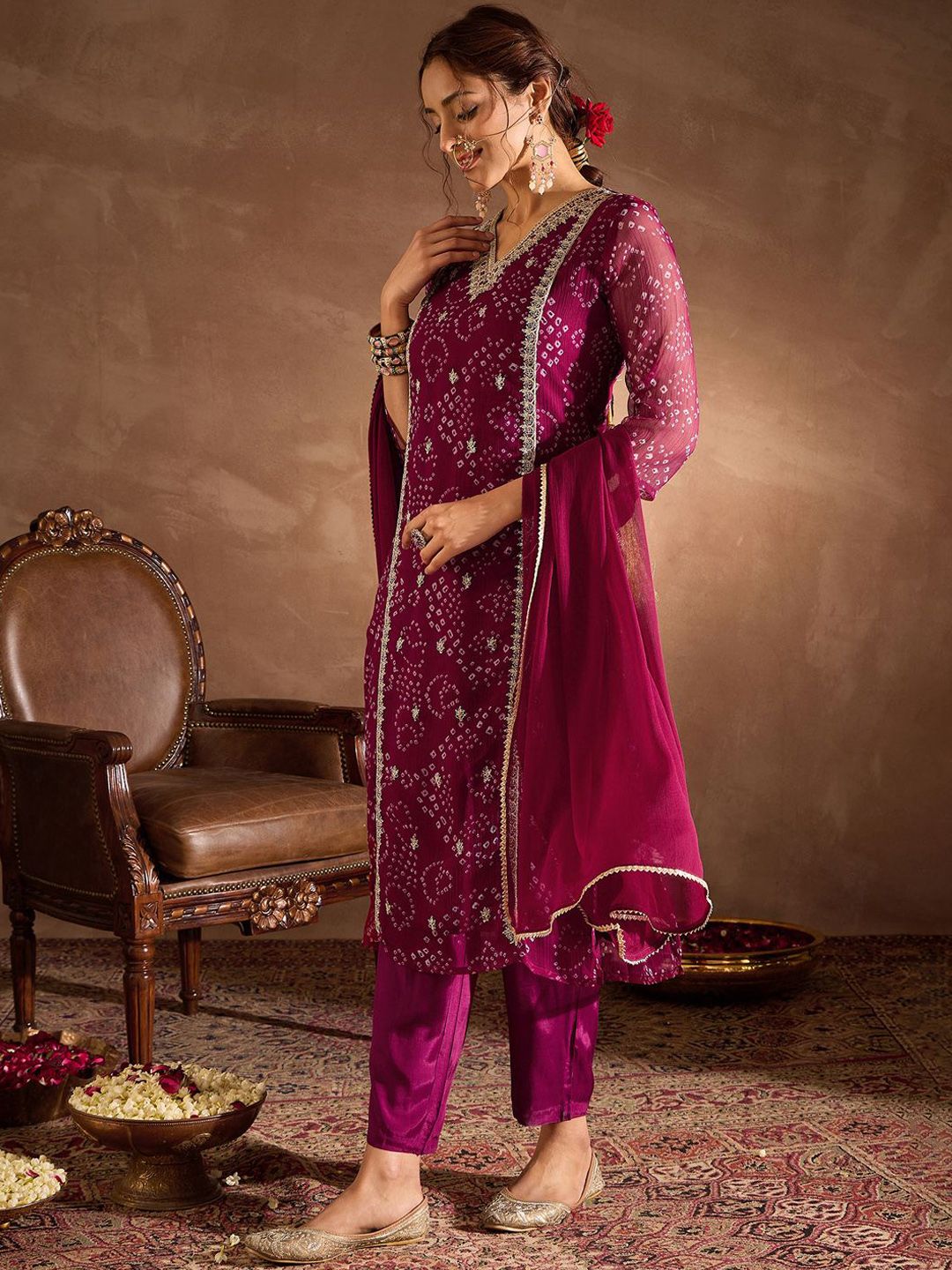 Bandhani Printed V-Neck Zari Silk Chiffon Straight Kurta With Trousers & Dupatta