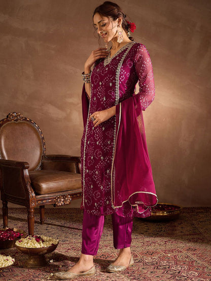 Bandhani Printed V-Neck Zari Silk Chiffon Straight Kurta With Trousers & Dupatta