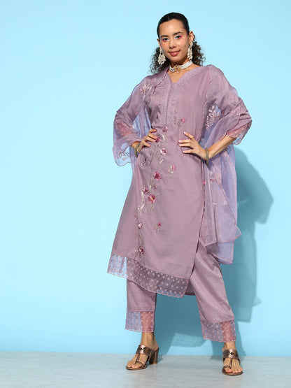 Dhiyona VA Women's Mauve Floral Embroidered Thread Work Kurta With Trousers & Dupatta