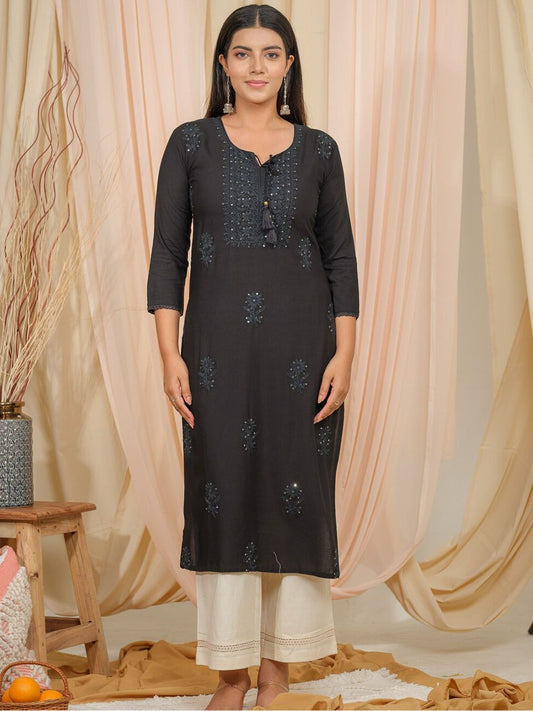 Dhiyona OD  Tie U[p Neck Sequined Embroidered Straight Kurta
