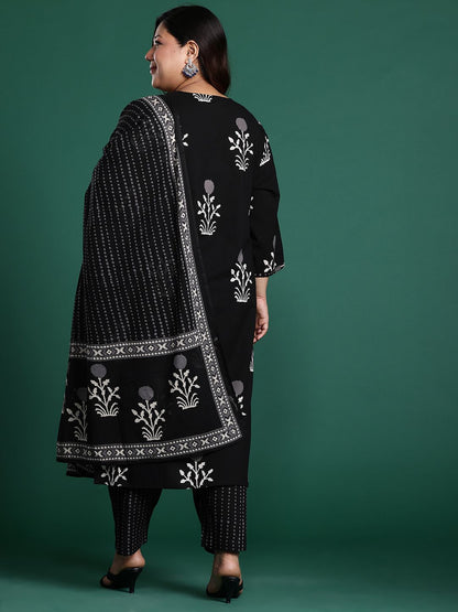 Plus Size Floral Printed Sequinned Pure Cotton Kurta with Trousers & With Dupatta