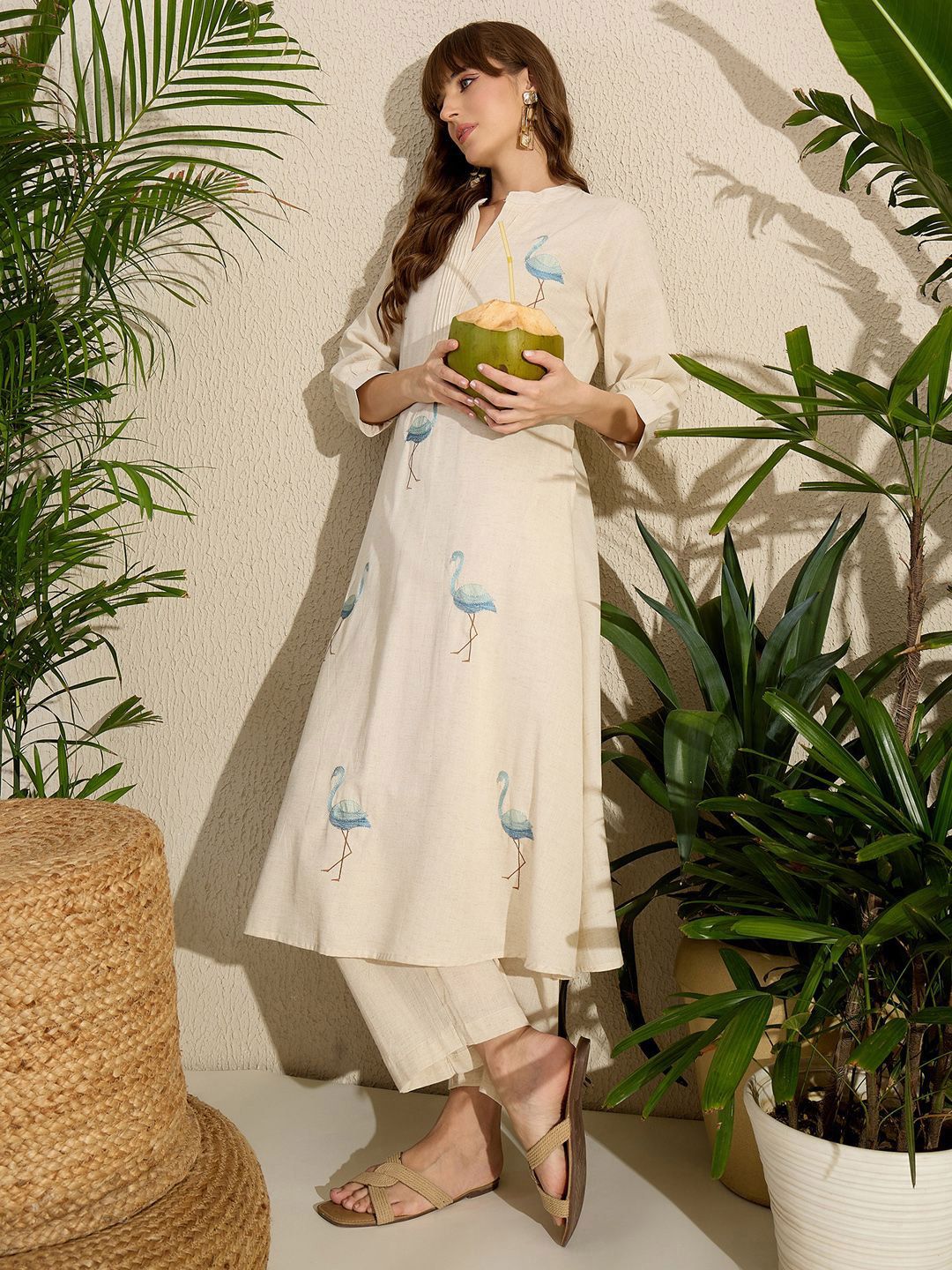 Adults-Women Woven Design Embroidered Cotton A-Line Kurta with Trousers