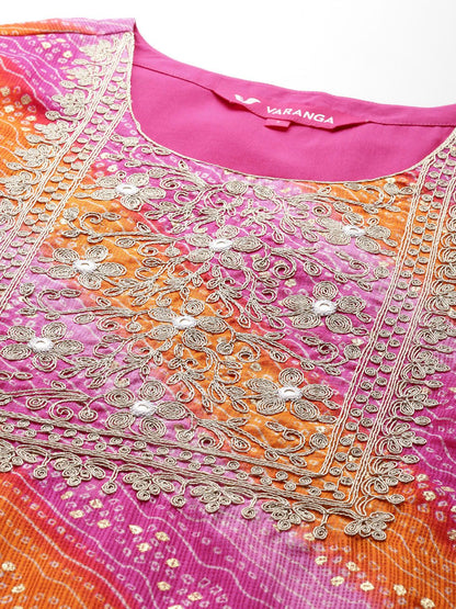 Dhiyona VA Women'sBandhani Embroidered Zari Kurta with Trousers & Dupatta