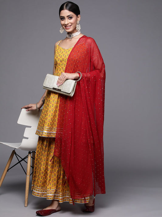 Dhiyona VA Women's Mustard Yellow Ethnic Motifs Printed Pure Cotton Kurta with Sharara & With Dupatta