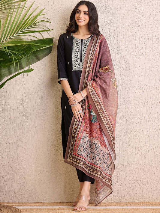 Dhiyona IE Women Ethnic Motifs Embroidered Regular Liva Kurta with Trousers & With Dupatta
