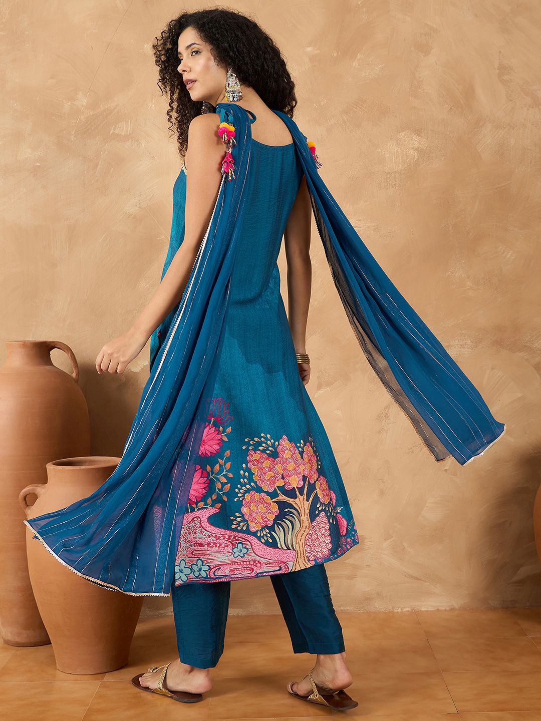 Dhiyona VA Women's Spaghetti Tie up Strap Straight Floral Kurta with Trousers and Dupatta