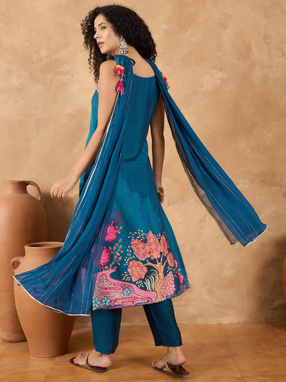 Dhiyona VA Women's Spaghetti Tie up Strap Straight Floral Kurta with Trousers and Dupatta