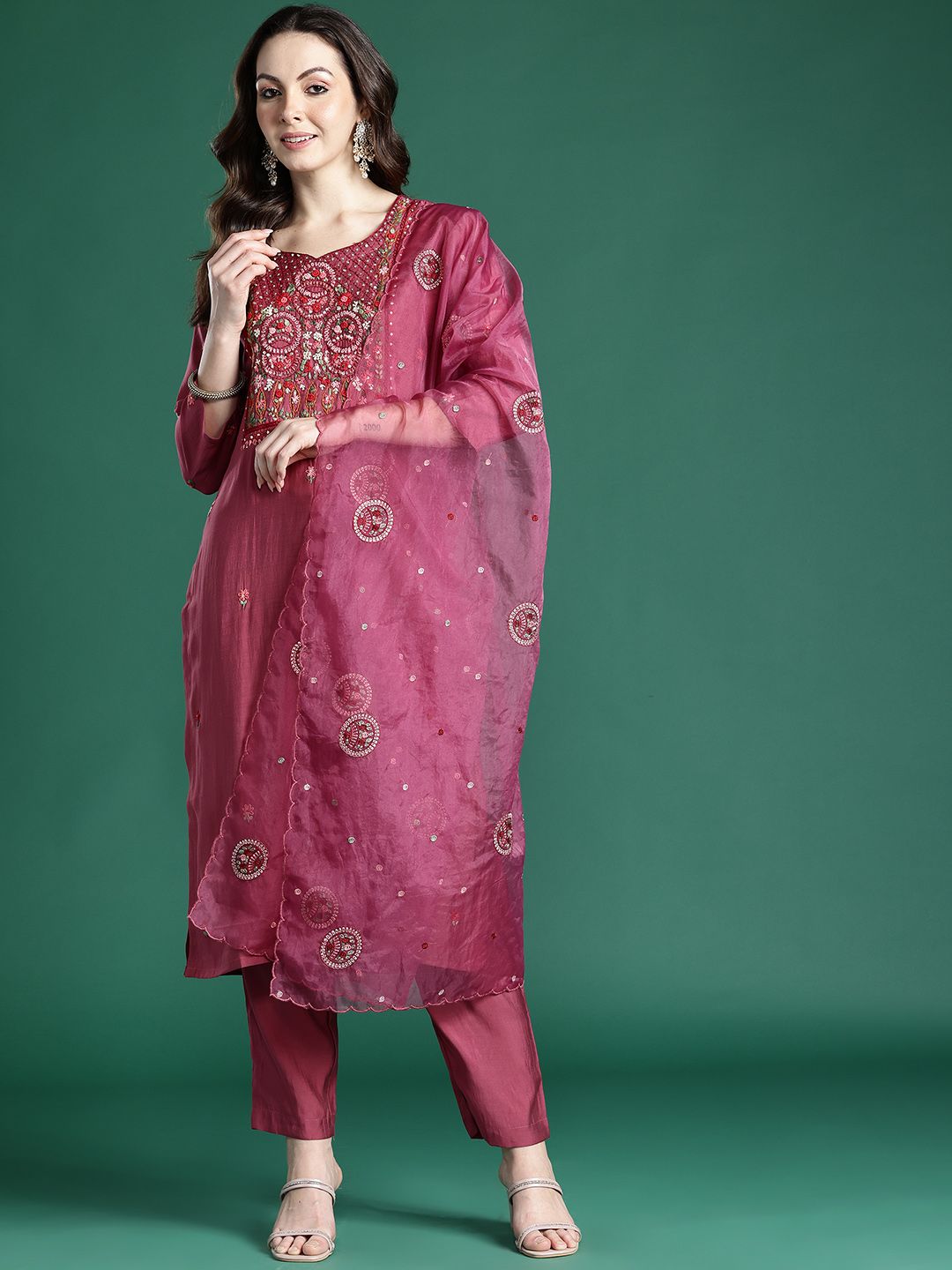 Floral Embroidered Kurta with Trousers & Dupatta