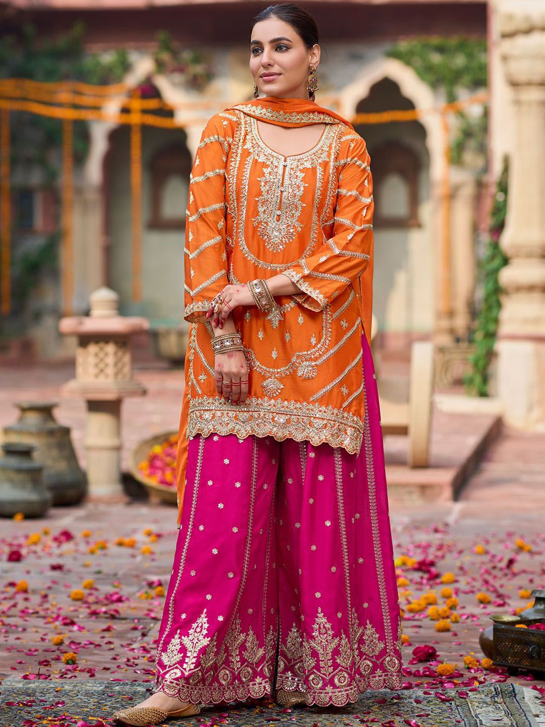 Floral Embroidered Sequinned Chinon Straight Kurta With Palazzos & Dupatta