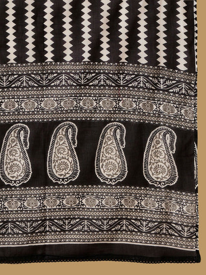 Dhiyona IE Black Ethnic Motifs Printed Round Neck Thread Work Pure Cotton Straight Kurta Set