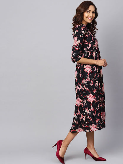 Dhiyona AY Women's Black Printed Fit and Flare Dress