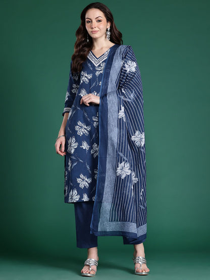 Floral Printed Regular Pure Cotton Kurta with Trousers & Dupatta