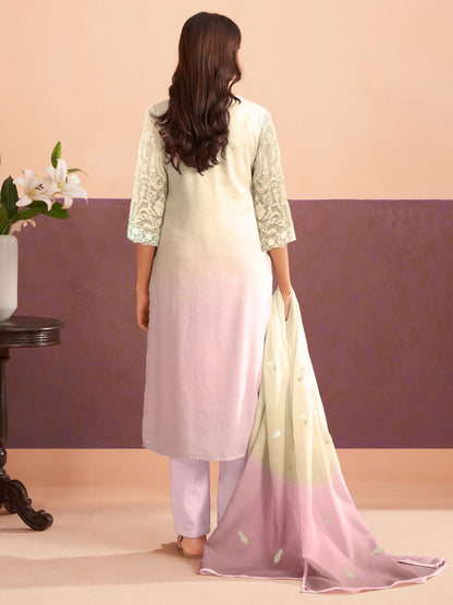Floral Embroidered Sequinned Straight Organza Kurta With Trousers And Dupatta
