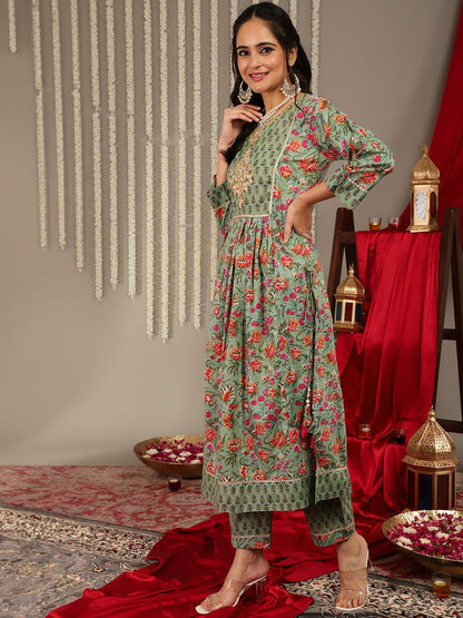 Dhiyona VA Women'sFloral Printed Gotta Patti Regular Kurta with Trousers & With Dupatta