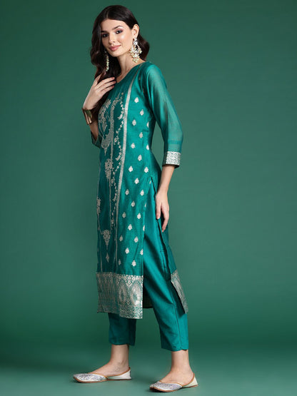 Dhiyona IE Ethnic Motifs Woven Design Zari Kurta With Trousers & Dupatta