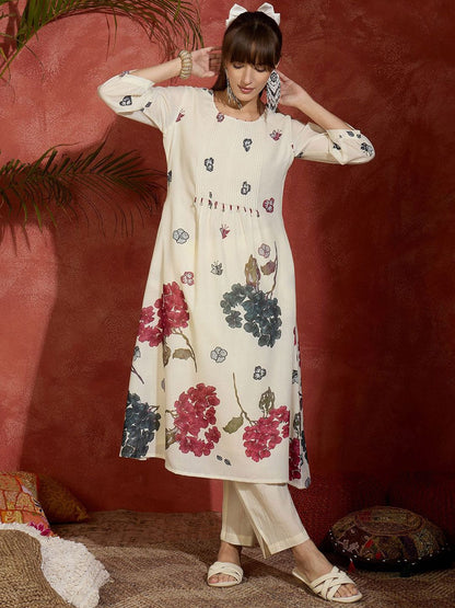 Women Floral Printed Regular Beads and Stones Pure Cotton Kurta with Trousers