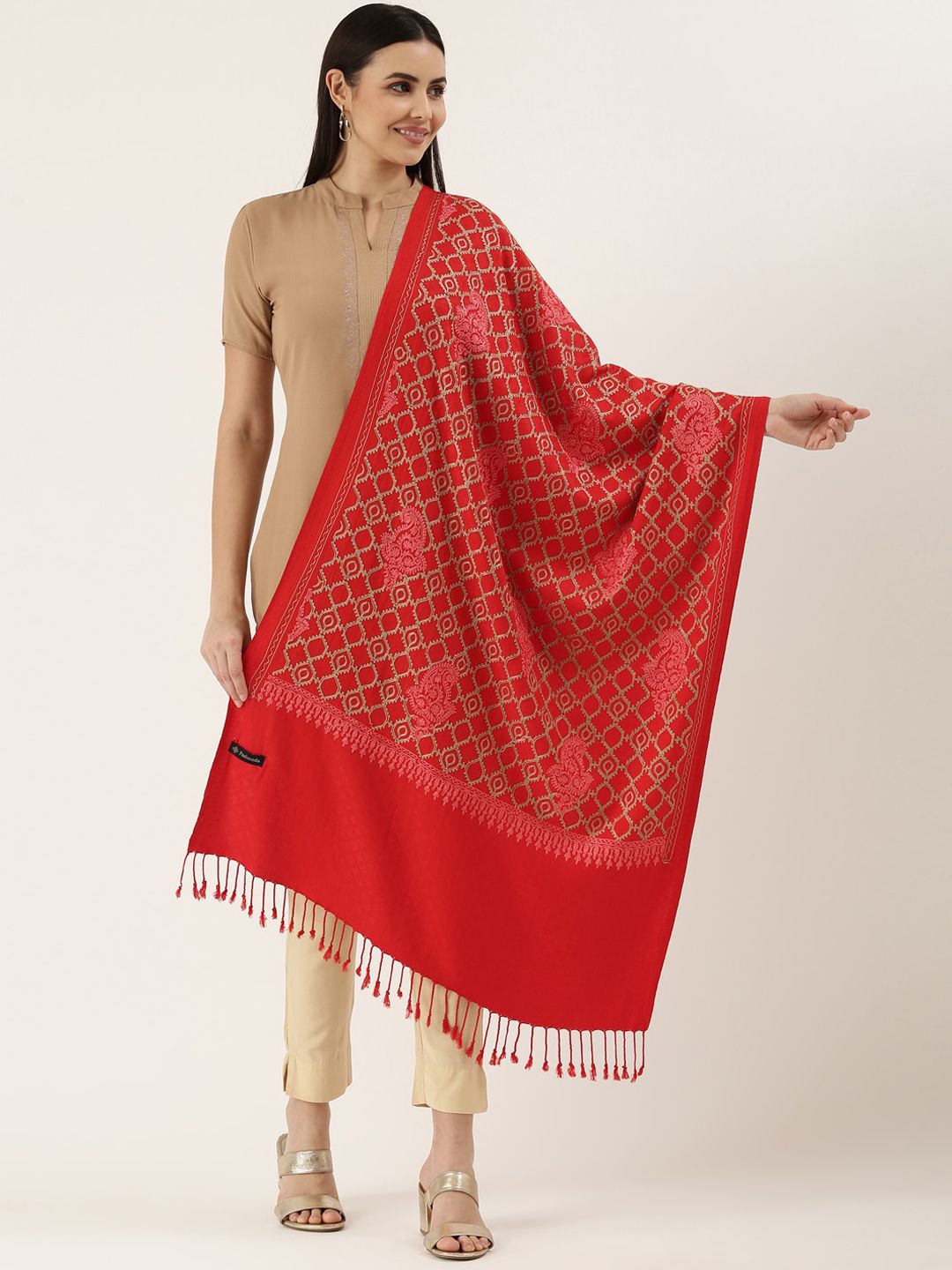 Dhiyona PA Women Red Aari Embroidered Shawl
