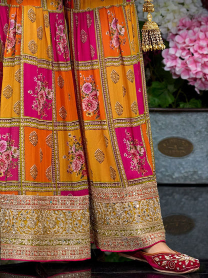 Sequinned Embroidered Round Neck Kurta With Palazzos & Dupatta